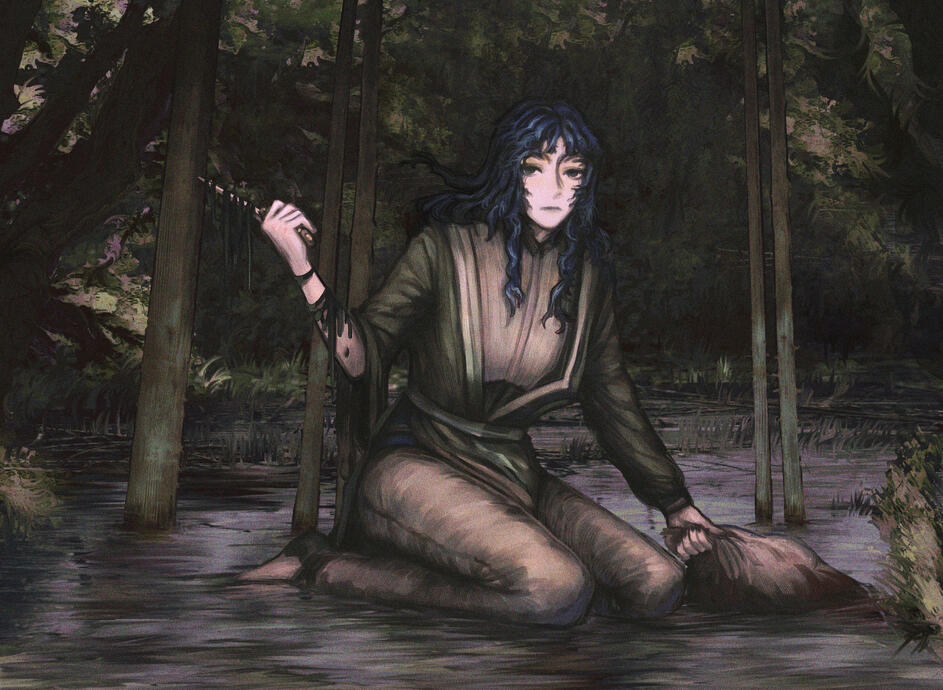 Character illustration with a complex background